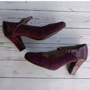 Aerosoles Purple Suede Boho Mary Jane Heels Snakeskin Crocodile Women's Sz.10